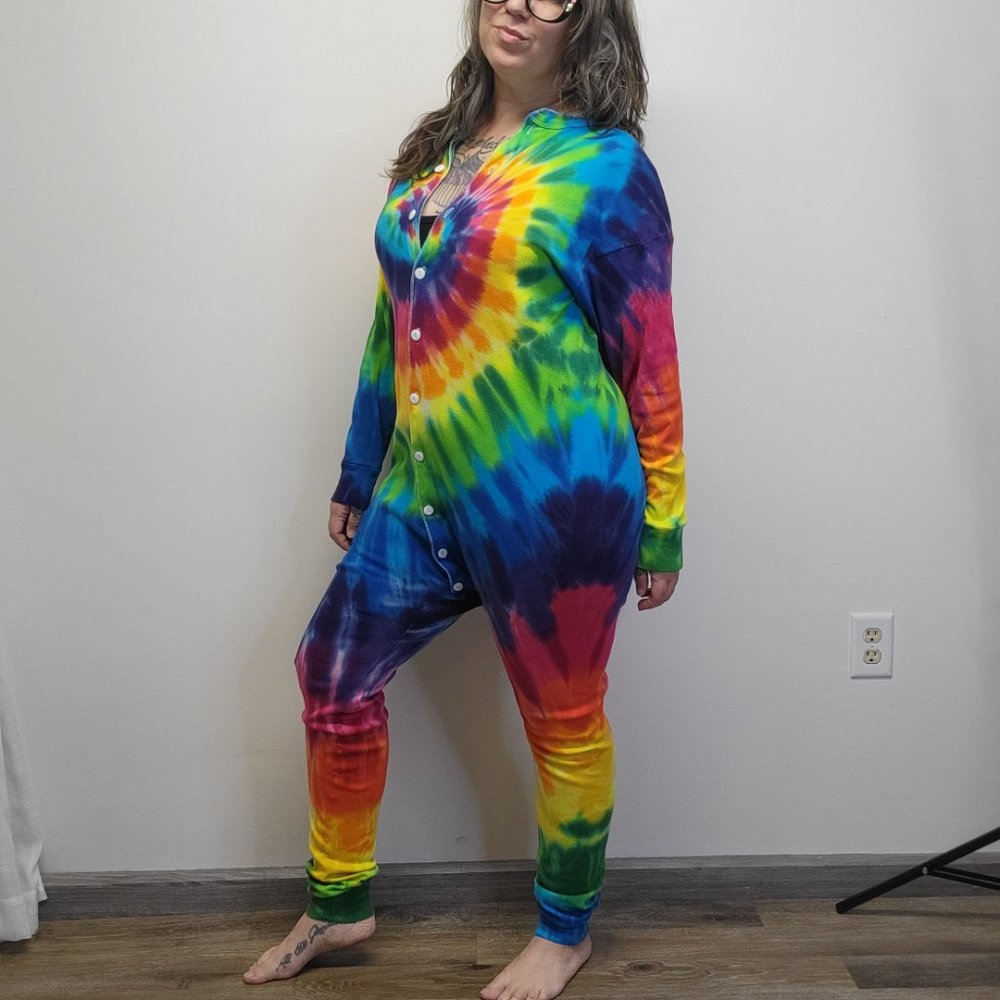 Vtg 90s SUNDOG Psychedelic Rainbow Swirl Tie Dye Union Suit Unisex XL - EUC - Picture 7 of 12